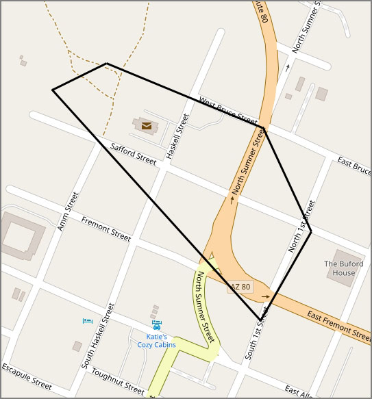 Map of downtown Tombstone, Arizona, showing streets and landmarks. A black polygon outlines the Earp Mining Claim, encompassing parts of Fremont Street, Safford Street, and Allen Street. Key locations like Katie's Cozy Cabins and The Buford House are visible. The main road, AZ 80, runs through the center of the map.