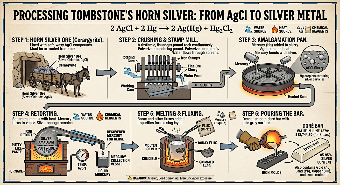 A detailed step-by-step infographic titled "From Ore to Silver Bar: The Tombstone Milling Process.". The first section shows a mule-drawn freight wagon hauling horn silver ore from the mines to the mills. The second section illustrates a stamp mill where iron stamps crush the ore into a fine slurry using water. The third section depicts a large iron amalgamation pan where mercury is mixed with the slurry to capture silver particles. The fourth section shows a retort furnace heated to 675°F, where mercury vapor is driven off and condensed for reuse, leaving behind a porous silver sponge. The fifth section illustrates the silver sponge being melted in a crucible furnace with flux to remove impurities. The final section shows molten silver being poured into an iron mold to create a finished doré bar, valued for its 85-95% silver content.