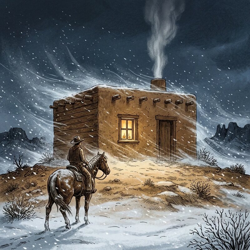 Illustration for the Warren Tulley story — a lone adobe house glowing with warm light during a snowstorm on the Charleston road